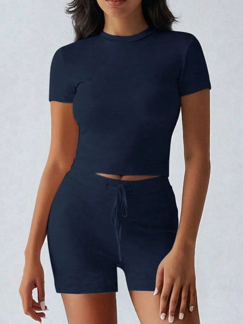 Round Neck Short Sleeve Top and Shorts Set - Fashorio