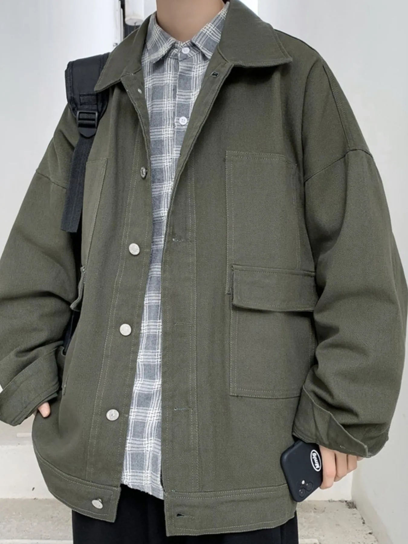 Men's Button Up Drop Shoulder Denim Jacket Army Green - Fashorio