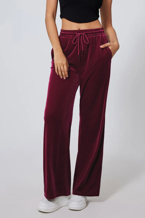Drawstring Waist Wide Leg Active Pants Burgundy - Fashorio