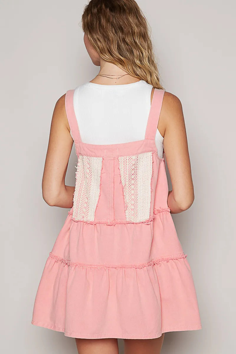 POL Lace Patchwork Detail Denim Overall Dress - Fashorio