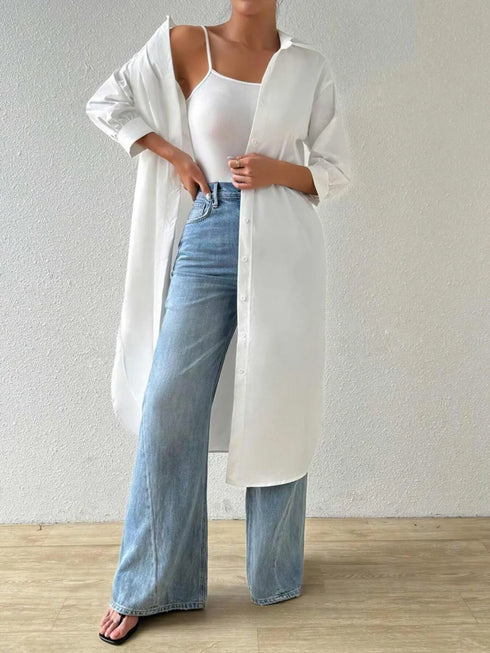 Button-Up Long Sleeve Longline Shirt - Fashorio