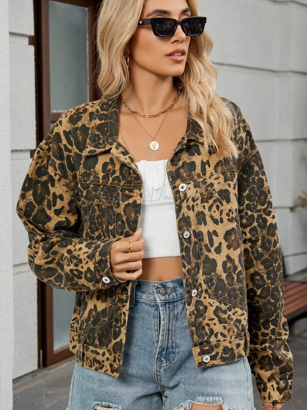 Leopard Print Button Up Denim Jacket Leopard Print - Fashorio