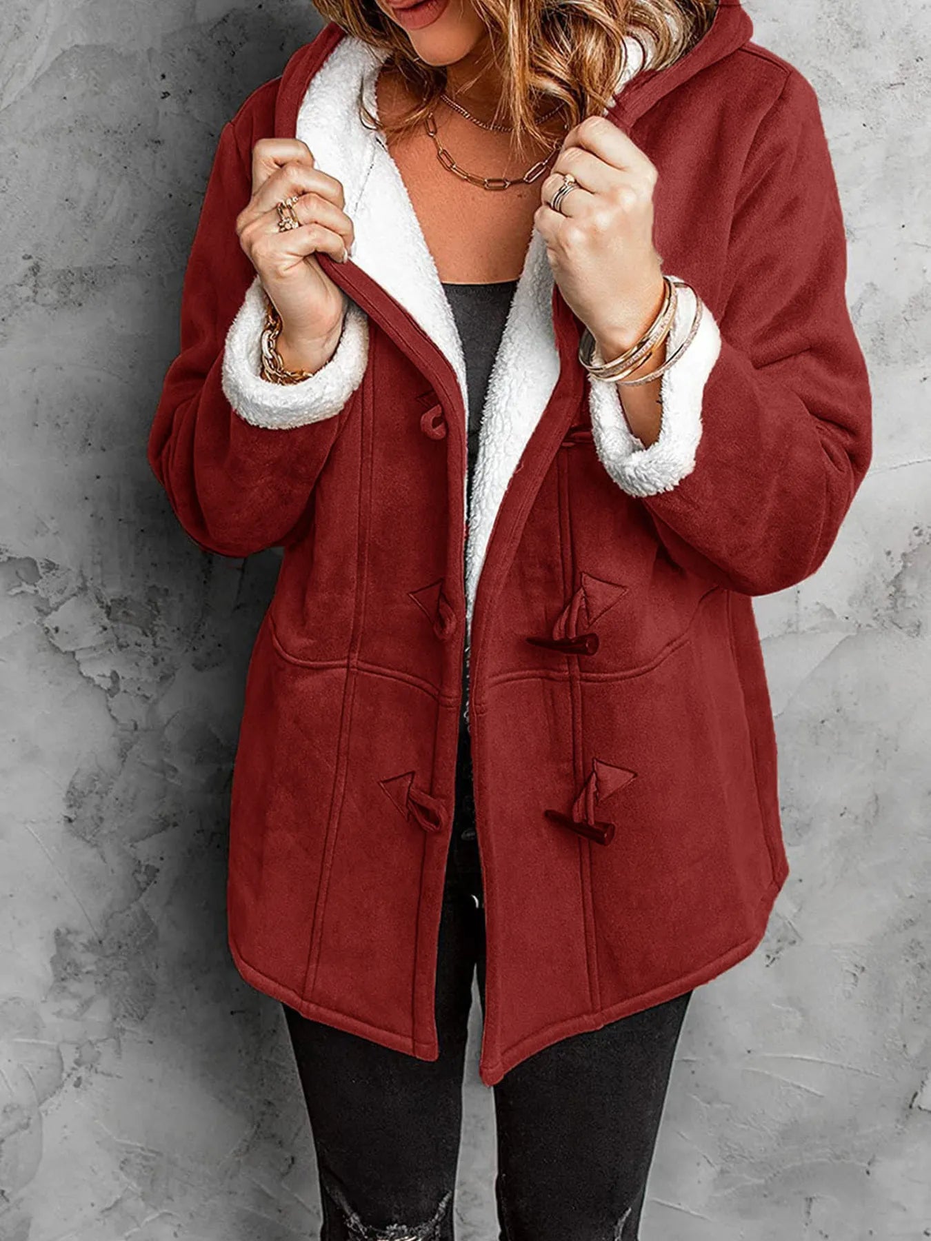 Full Size Cozy Sherpa Lined Toggle Coat with Hood Plus Size Burgundy - Fashorio