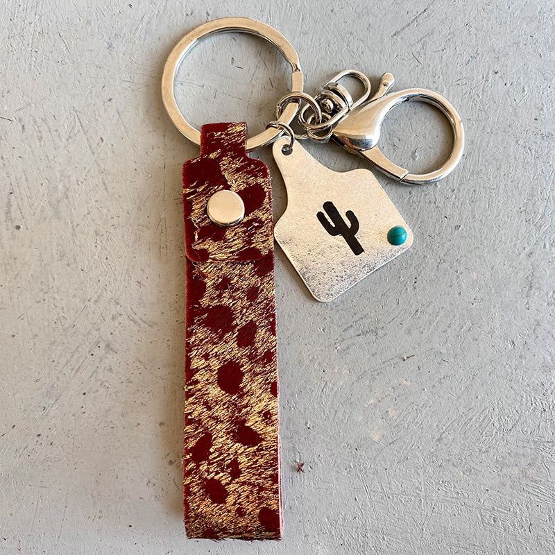 Genuine Leather Alloy Keychain Burgundy One Size - Fashorio