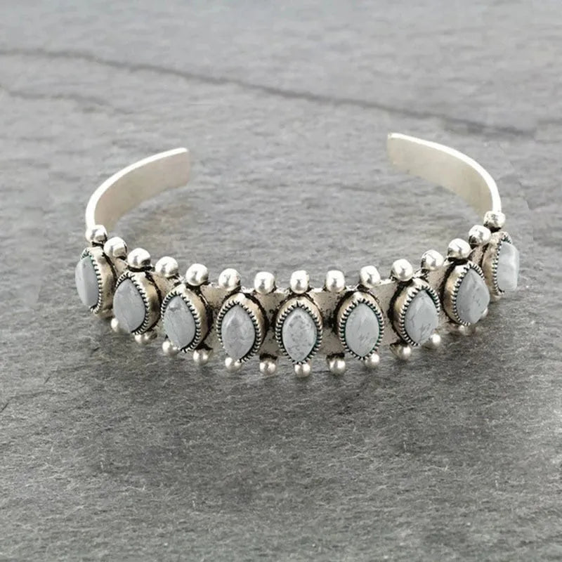 Artificial Turquoise Alloy Open Bracelet Light Gray One Size - Fashorio