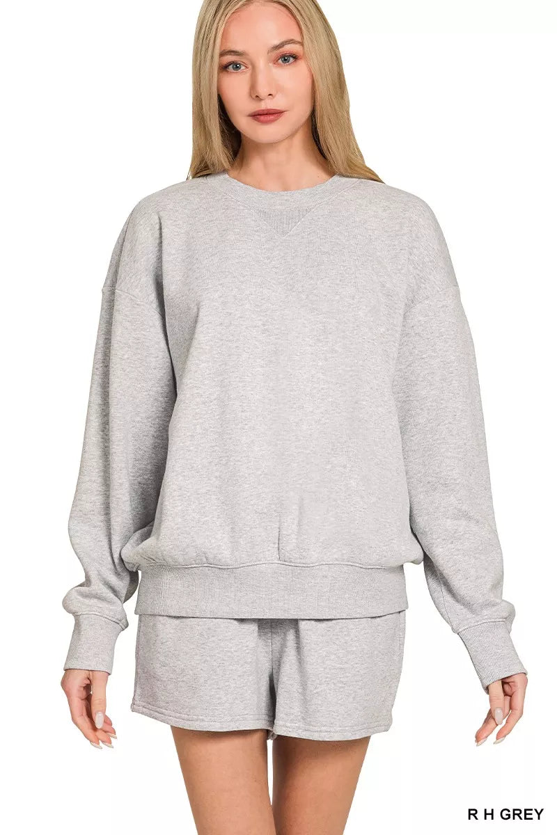 Zenana Fleece Long Sleeve Sweatshirts & Shorts Set R H GREY - Fashorio