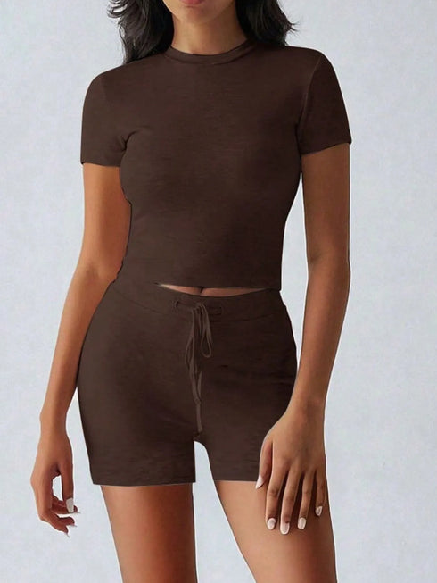 Round Neck Short Sleeve Top and Shorts Set Brown - Fashorio