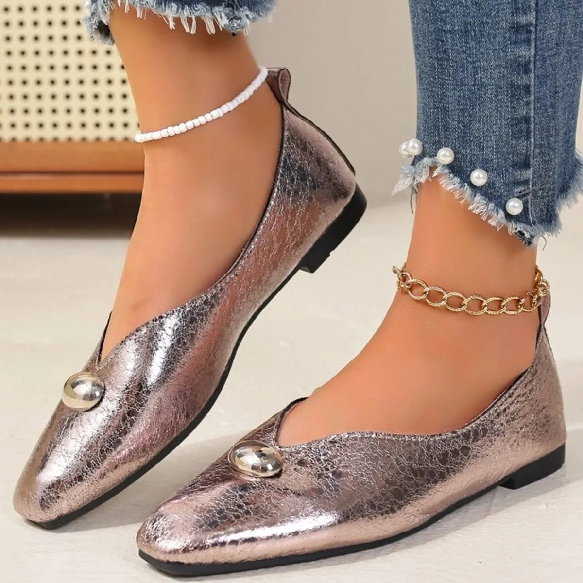 Square Toe Flats Slip-Ons Gun Color - Fashorio