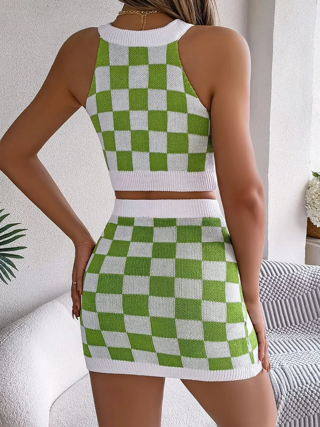 Checkered Grecian Neck Cami and Skirt Sweater Set - Fashorio