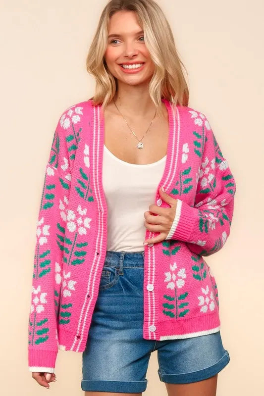 Haptics Full Size Floral Jacquard V-Neck Button Up Cardigan - Fashorio