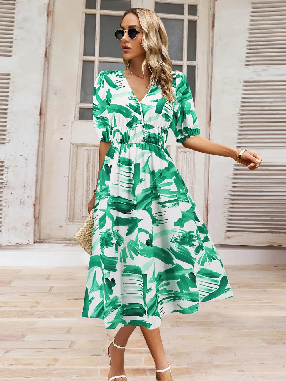 Ruched Printed Surplice Short Sleeve Dress - Fashorio