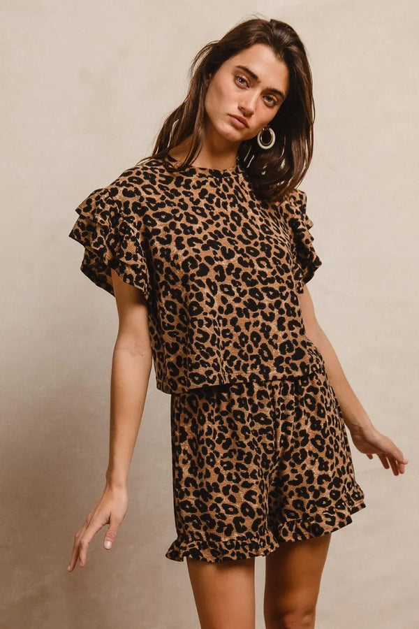 BiBi Leopard Print Waffle Texture Layered Ruffle Sleeve Top and Shorts Set TAUPE BLACK - Fashorio