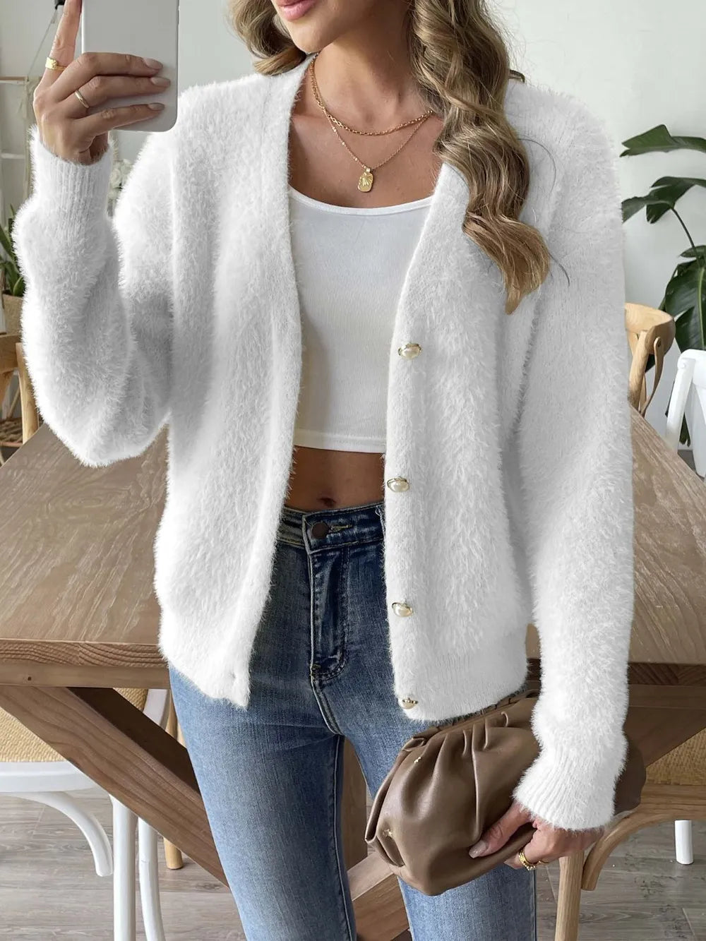 Button Up V-Neck Long Sleeve Cardigan White - Fashorio