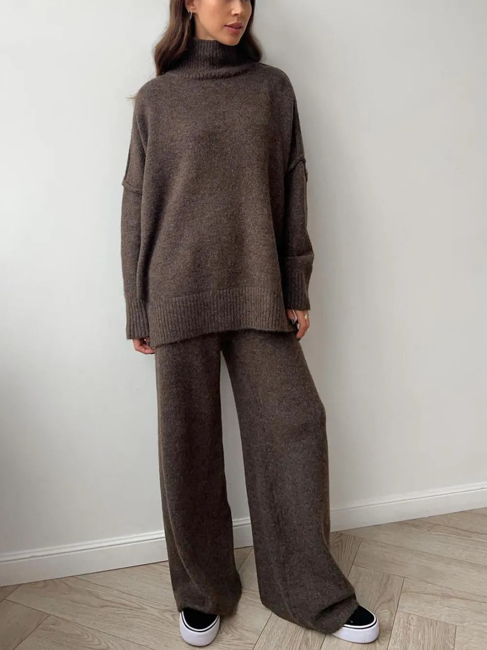 Slit Turtleneck Long Sleeve Top and Pants Sweater Set Coffee Brown One Size - Fashorio