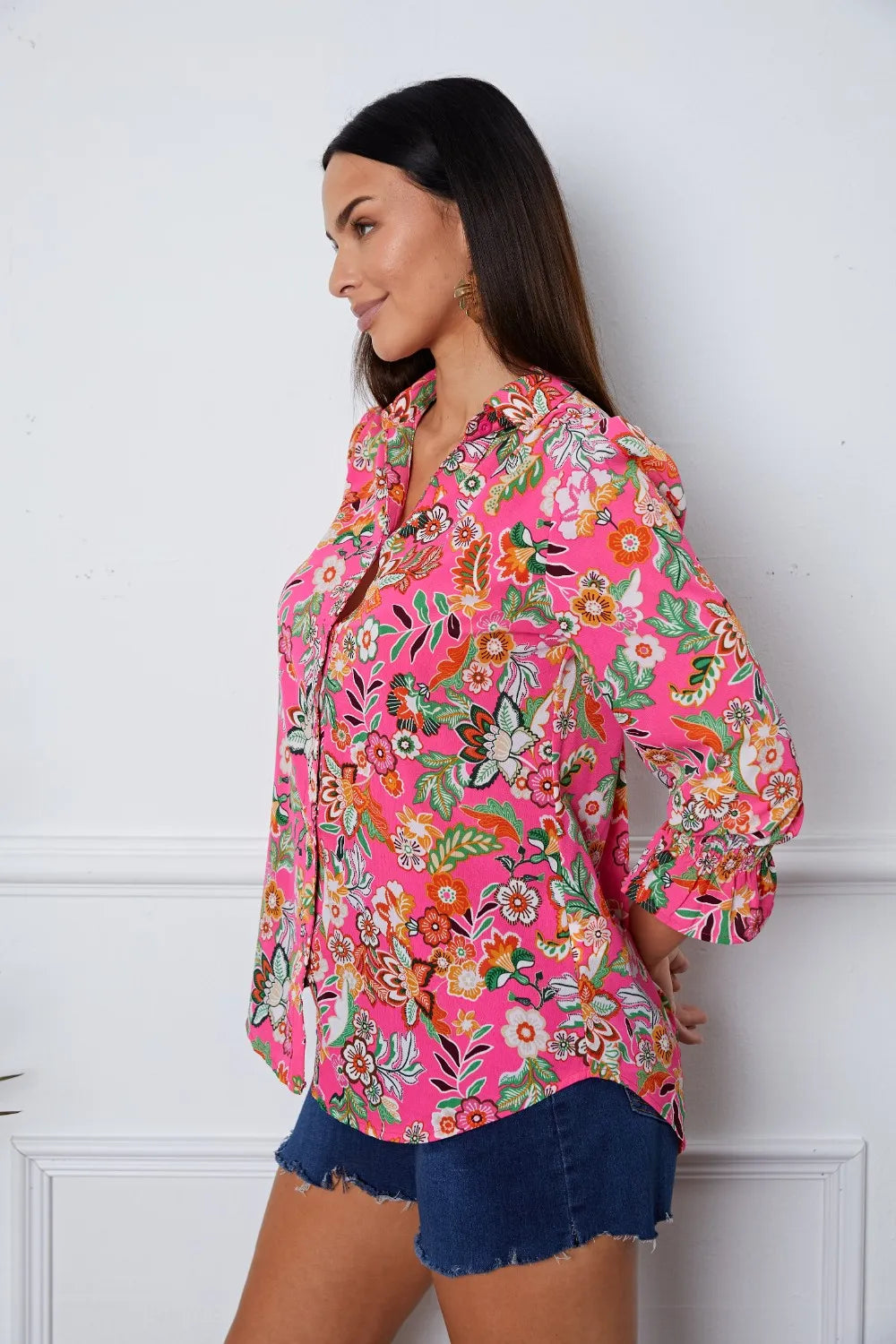 Floral Button Up Flounce Sleeve Shirt - Fashorio