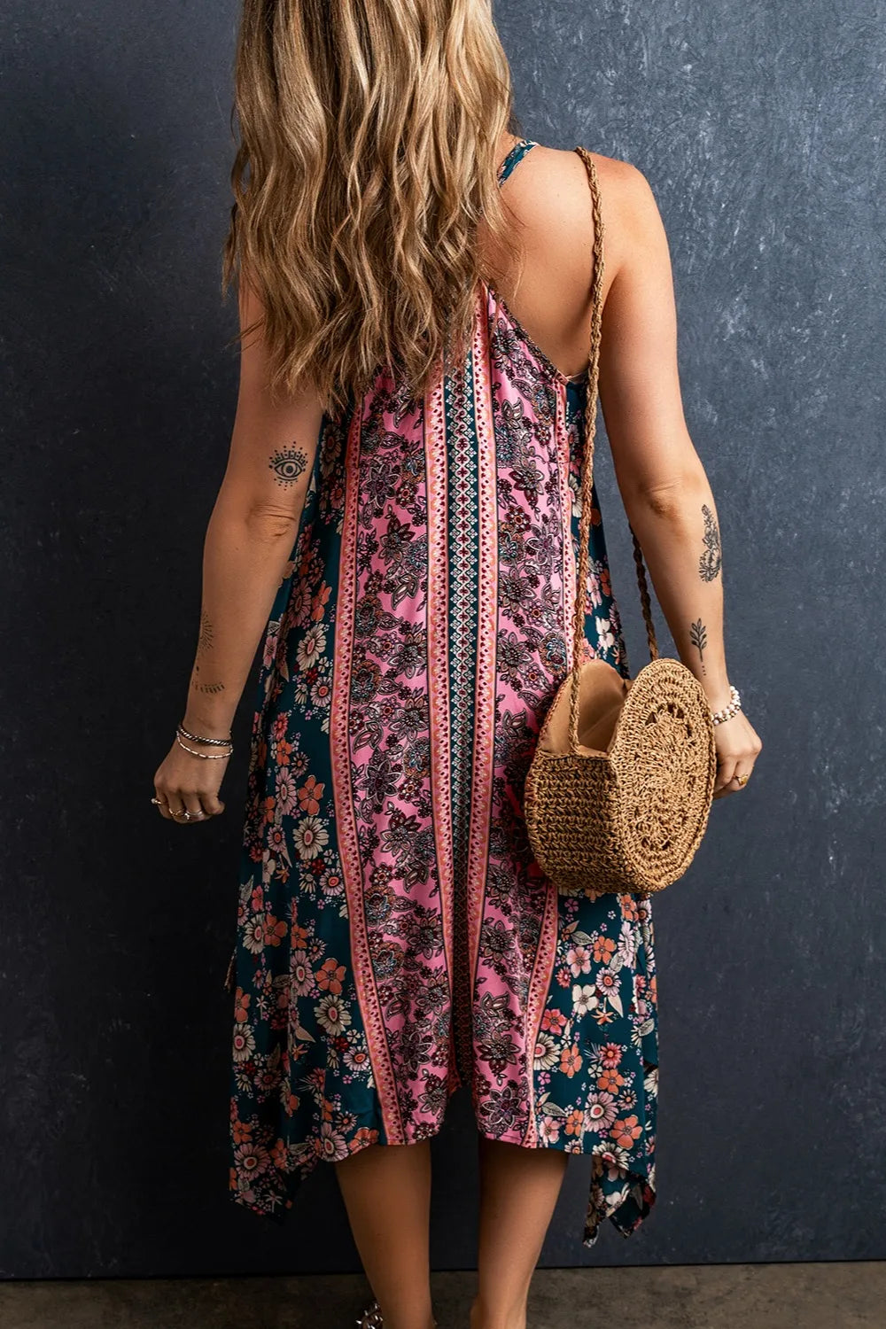 Printed V-Neck Midi Cami Dress - Fashorio