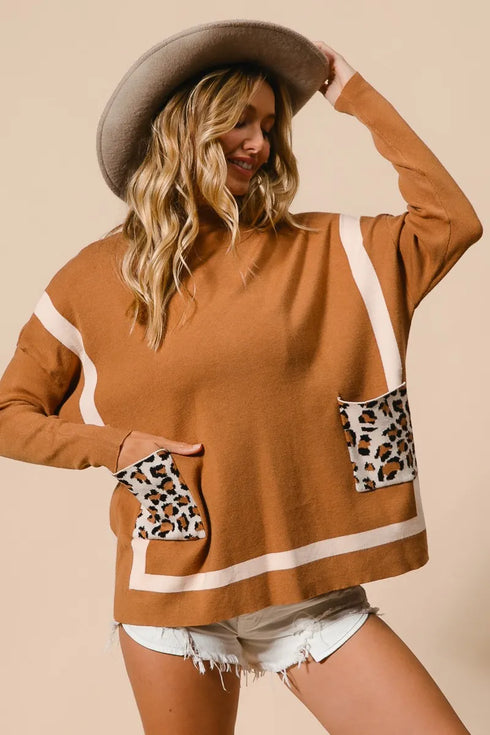 BiBi Mock Neck Sweater with Leopard Pocket - Fashorio