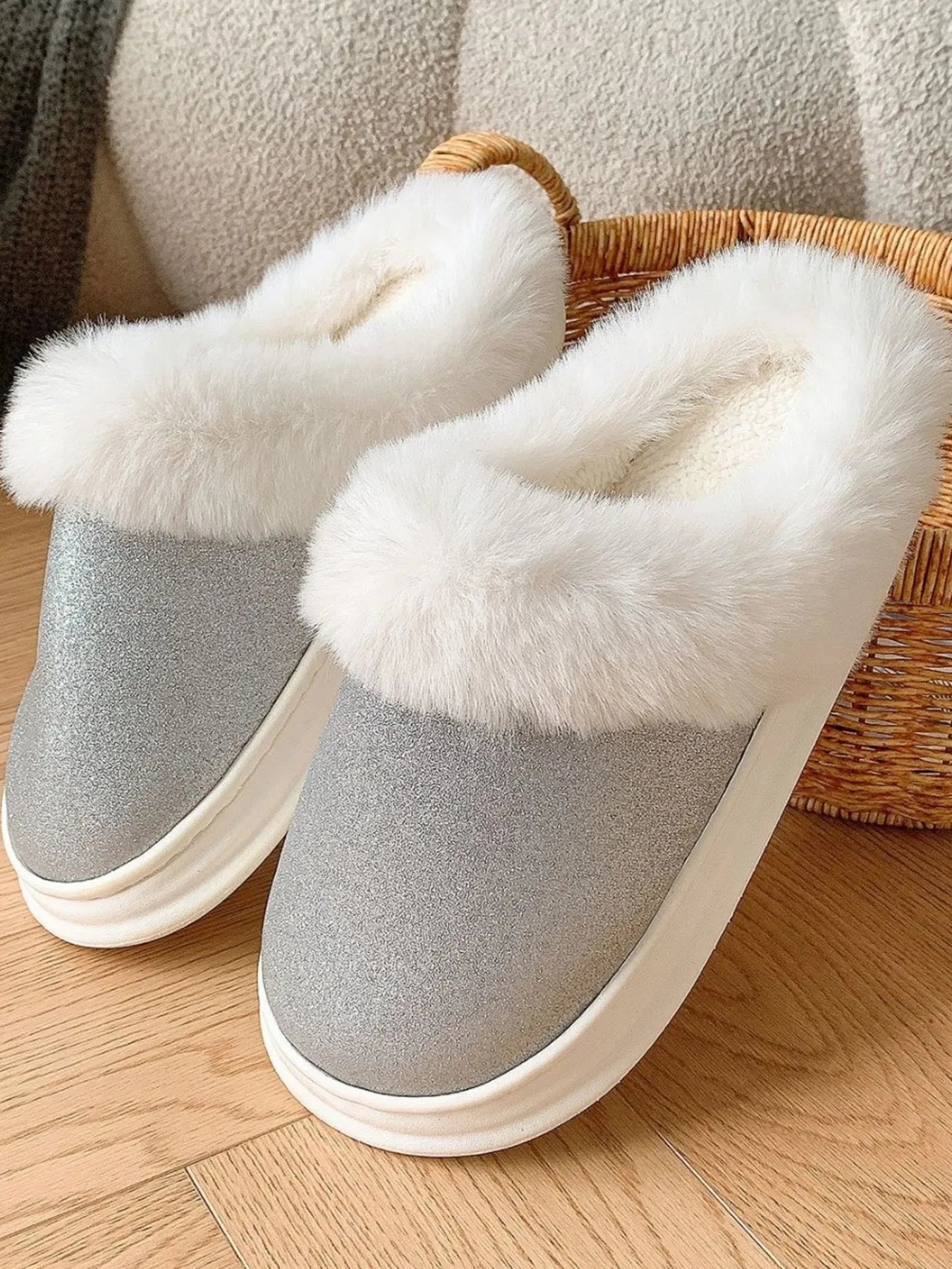 Faux Fur Lined Winter Slippers Silver - Fashorio