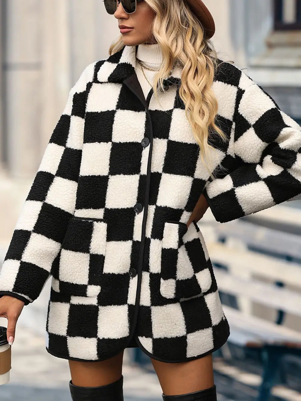 Double Take Full Size Checkered Button Front Coat with Pockets - Fashorio