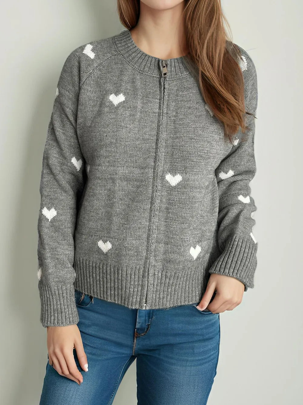 Heart Round Neck Zip Up Cardigan - Fashorio