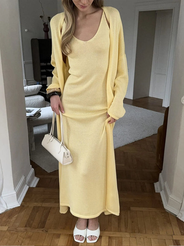 V-Neck Knit Dress and Cardigan Sweater Set Pastel Yellow - Fashorio