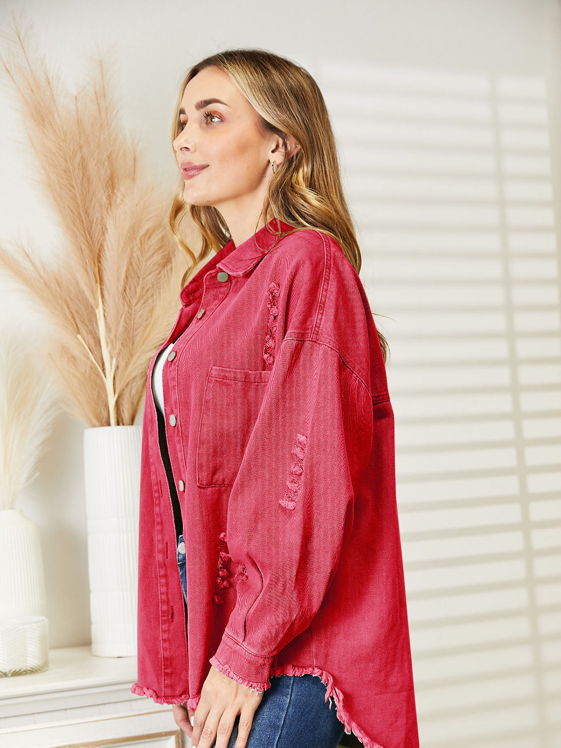 Distressed Raw Hem Denim Jacket - Fashorio