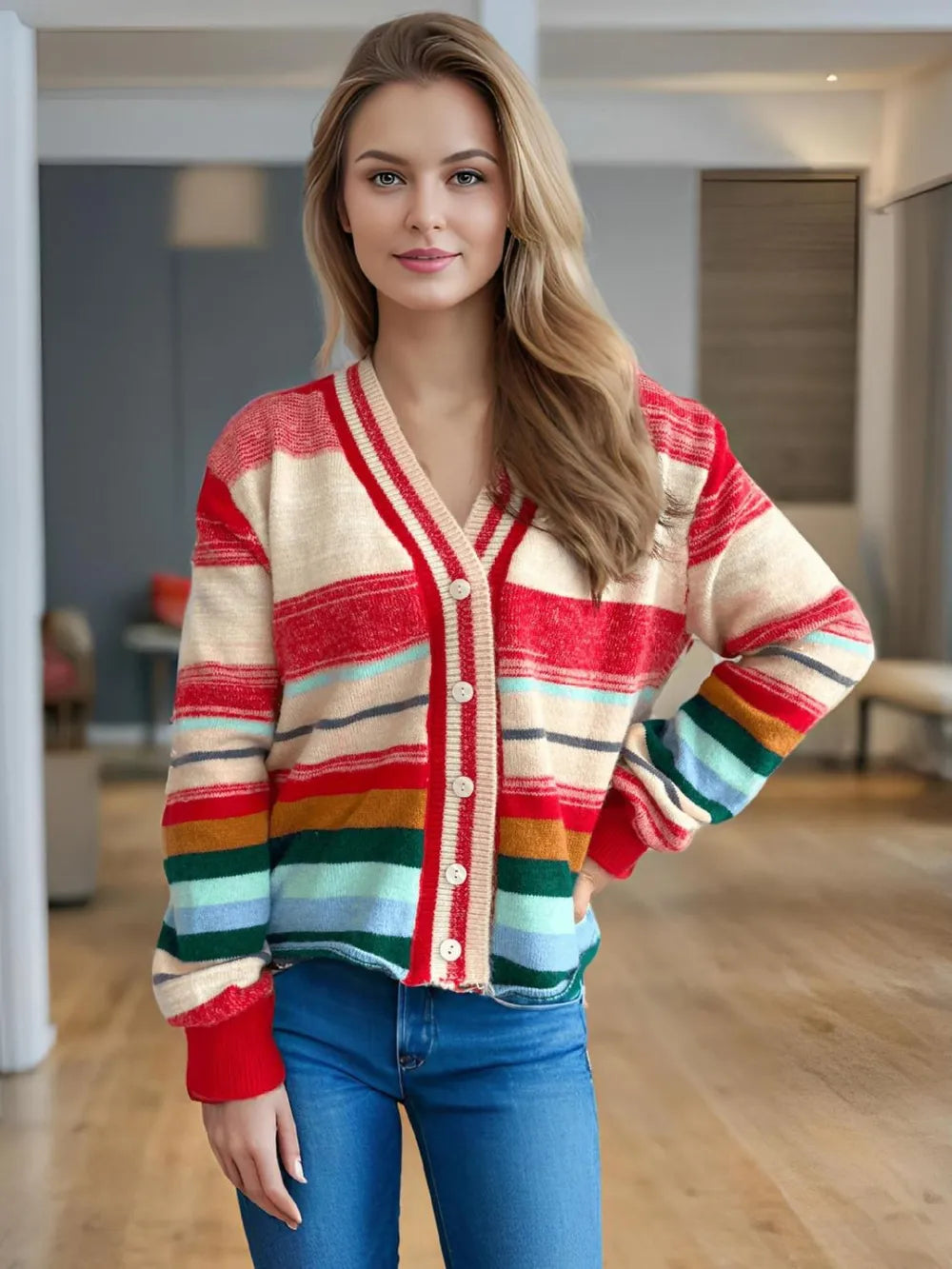 Striped Button Down V-Neck Long Sleeve Cardigan - Fashorio