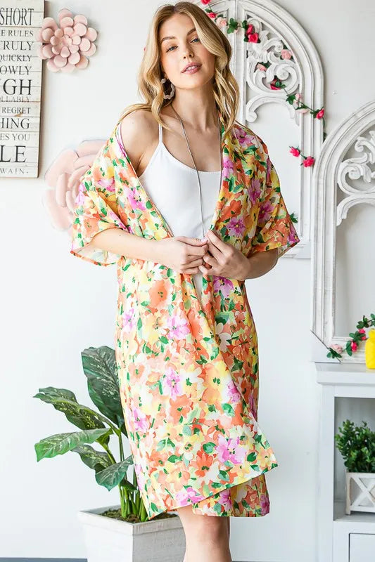 Heimish Full Size Half Sleeve Multi Color Floral Open Cardigan Plus Size - Fashorio