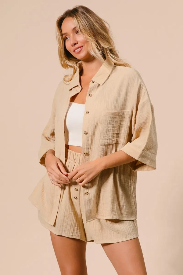 BiBi Crinkle Gauze Shirt and Short Set OATMEAL - Fashorio