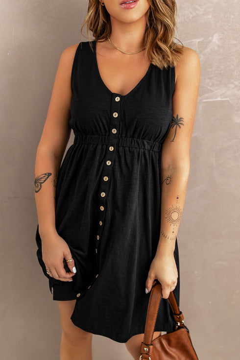 Sleeveless V-Neck Mini Dress with Buttons & Pockets – Chic Casual - Fashorio