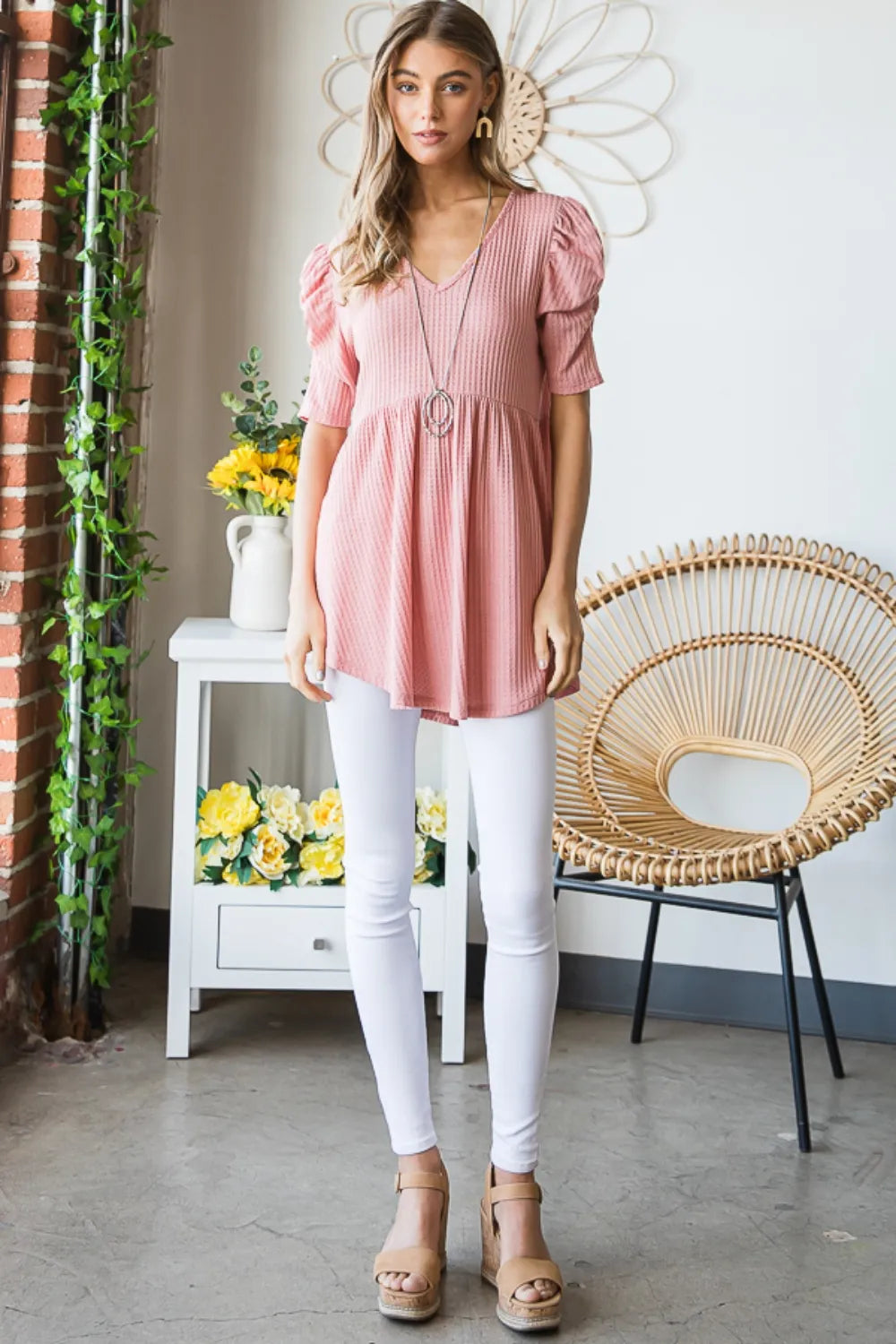 Heimish Full Size Waffle Knit V-Neck Babydoll Top - Fashorio