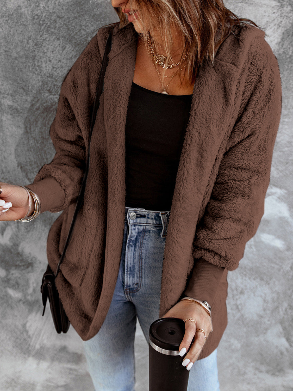 Open Front Hooded Faux Fur Outwear with Pockets - Fashorio