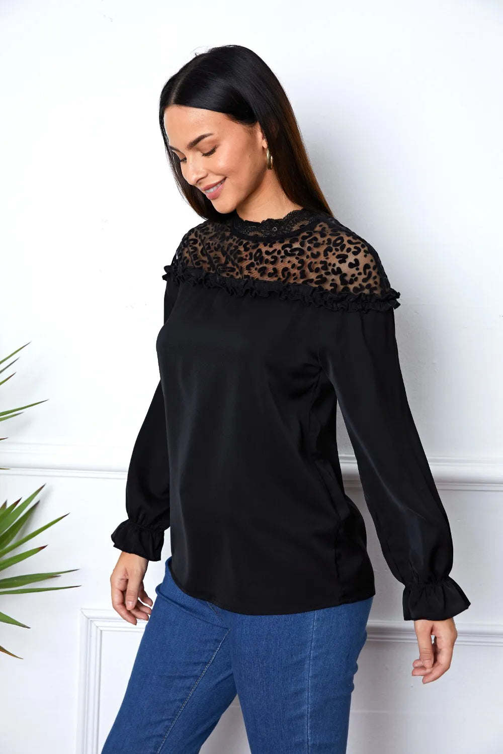 Leopard Frill Flounce Sleeve Blouse - Fashorio