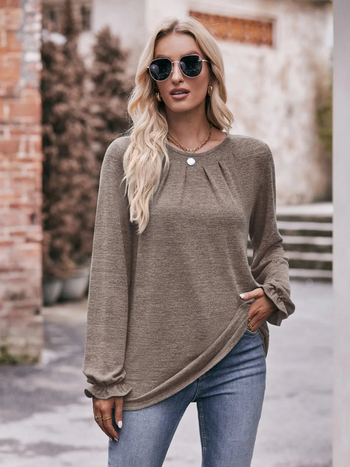 Round Neck Long Sleeve Casual T-Shirt - Fashorio