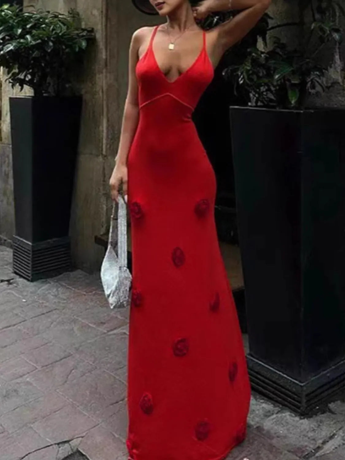 Flower Maxi Sweater Cami Dress Deep Red - Fashorio