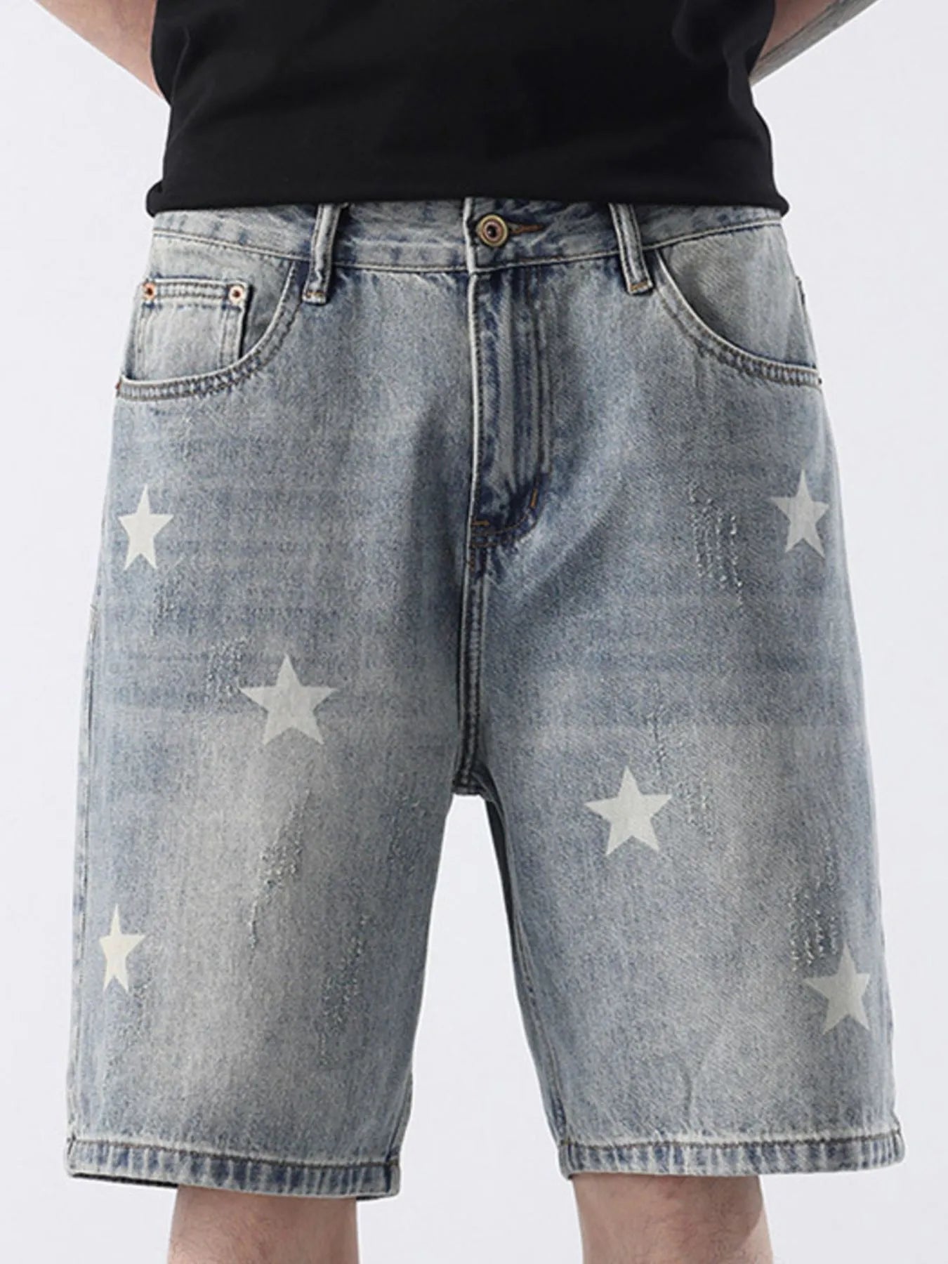Men's Distressed Star Print Denim Shorts - Fashorio