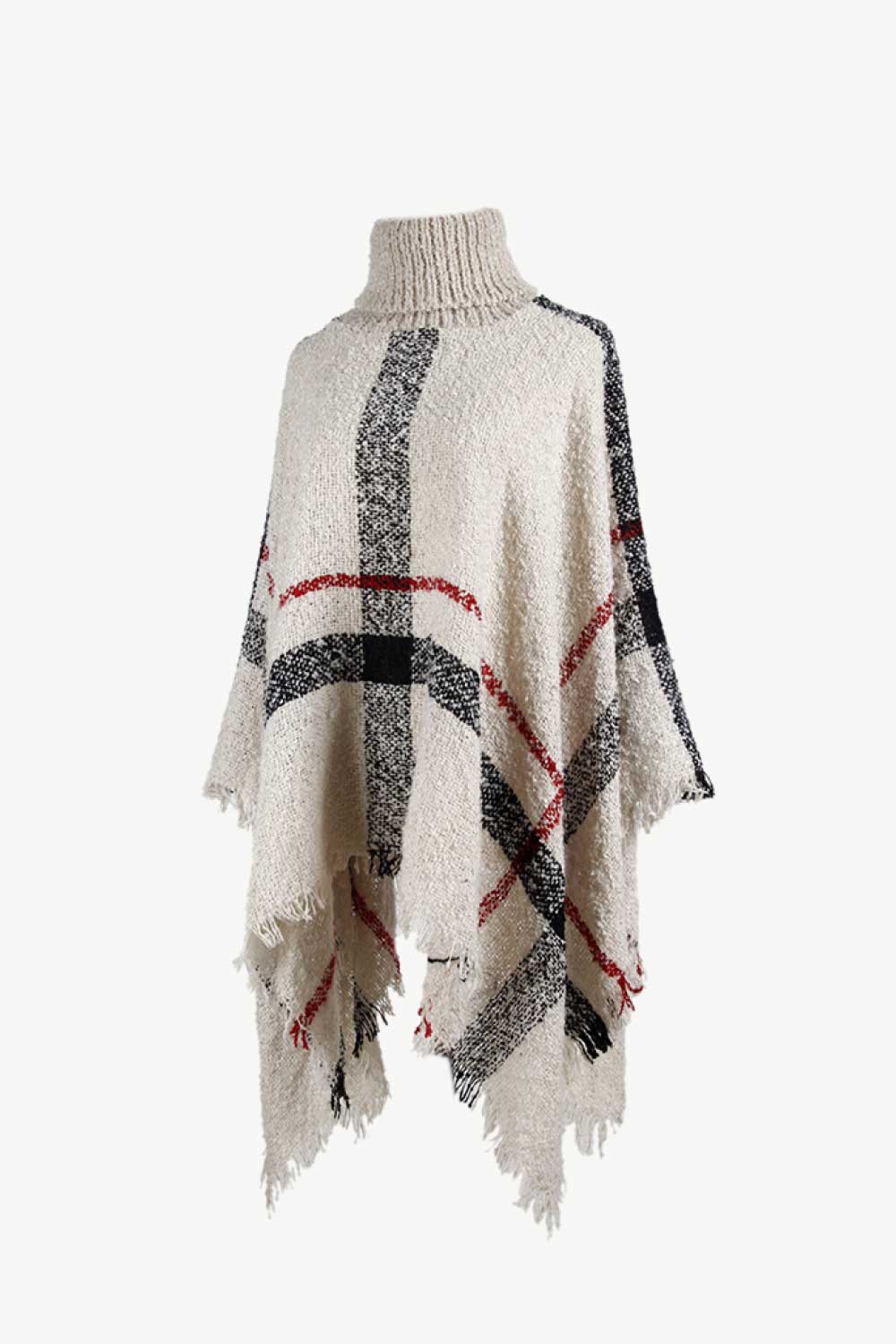 Plaid Turtleneck Raw Hem Poncho - Fashorio