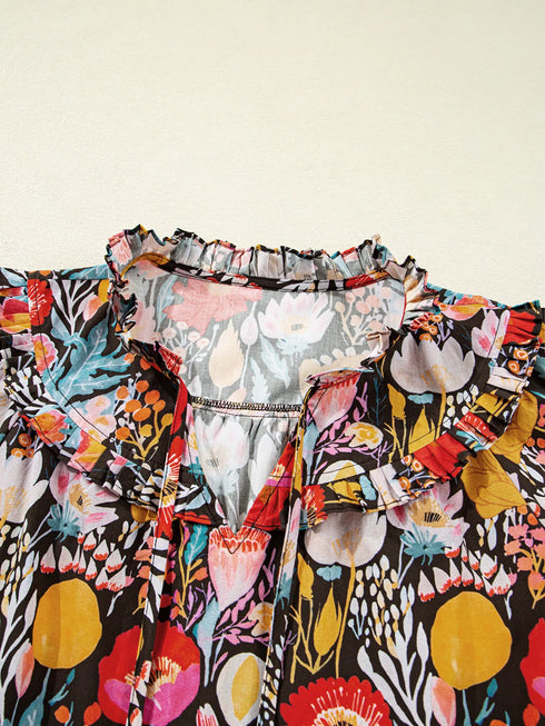 Floral 3/4 Puff Sleeve Tied Neck Blouse - Fashorio