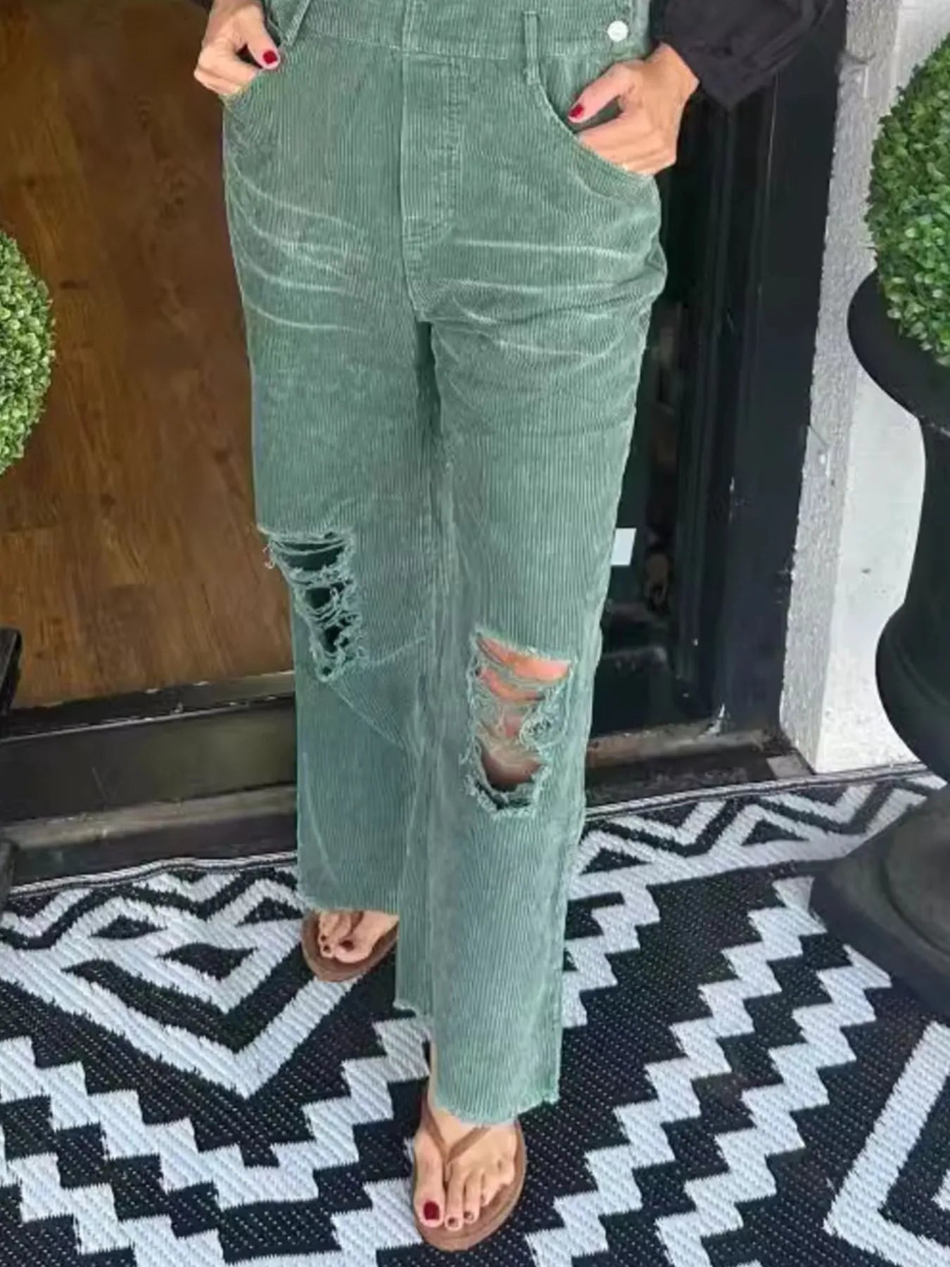 Distressed Wide Leg Corduroy Overalls - Fashorio