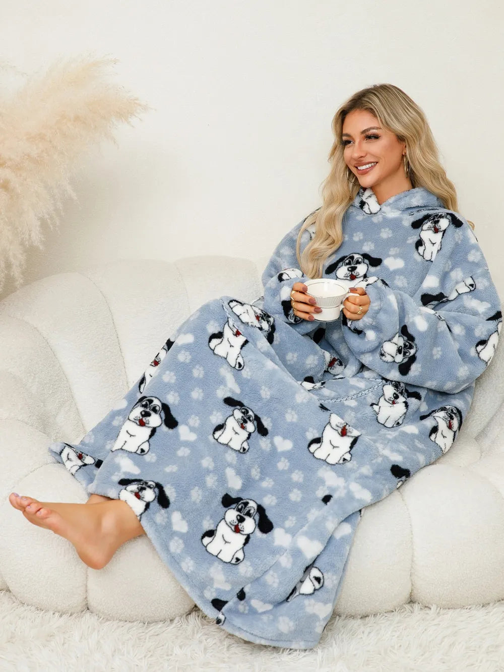 Fuzzy Pocketed Long Sleeve Hooded Lounge Dress - Fashorio