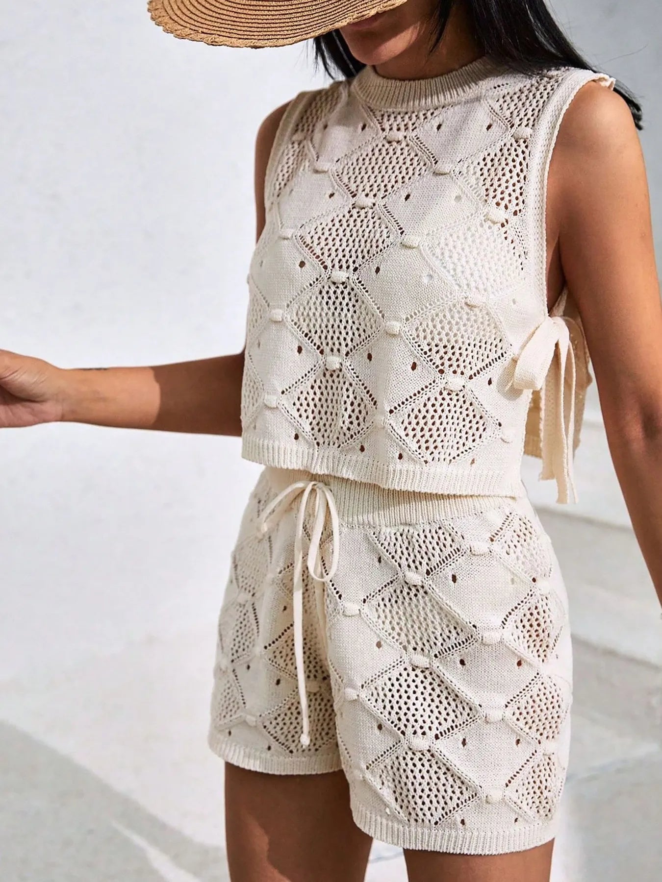 Diamond Pattern Sleeveless Top and Shorts Knit Set - Fashorio