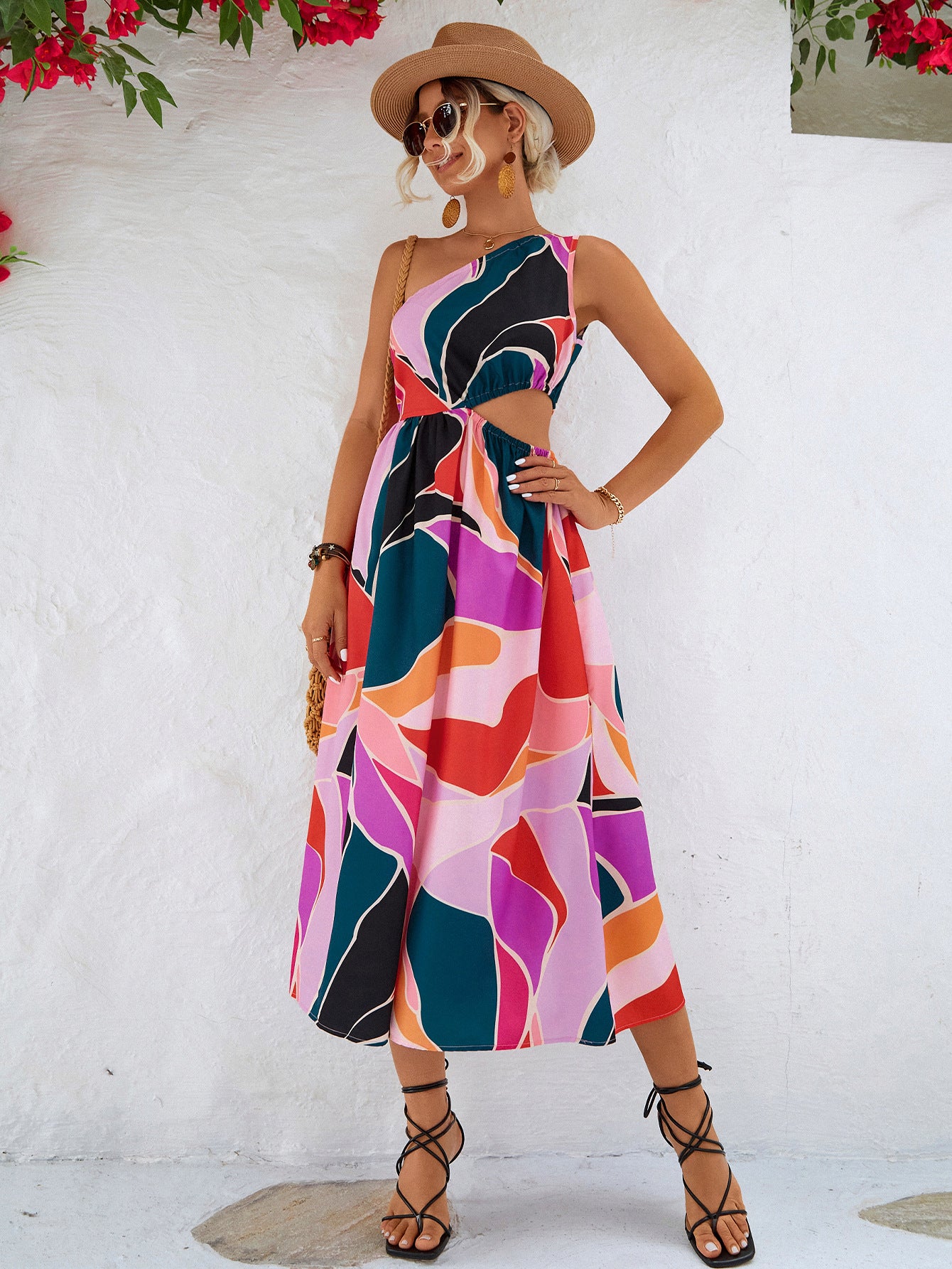Printed Cutout One-Shoulder Sleeveless Dress - Fashorio