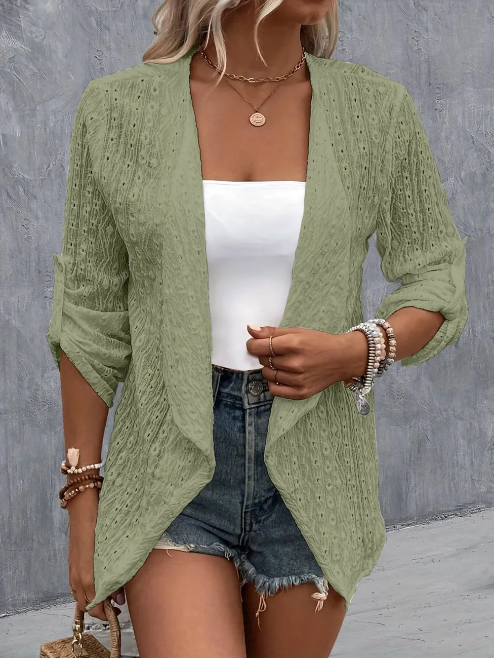 Eyelet Roll-Tab Sleeve Cardigan Sage - Fashorio