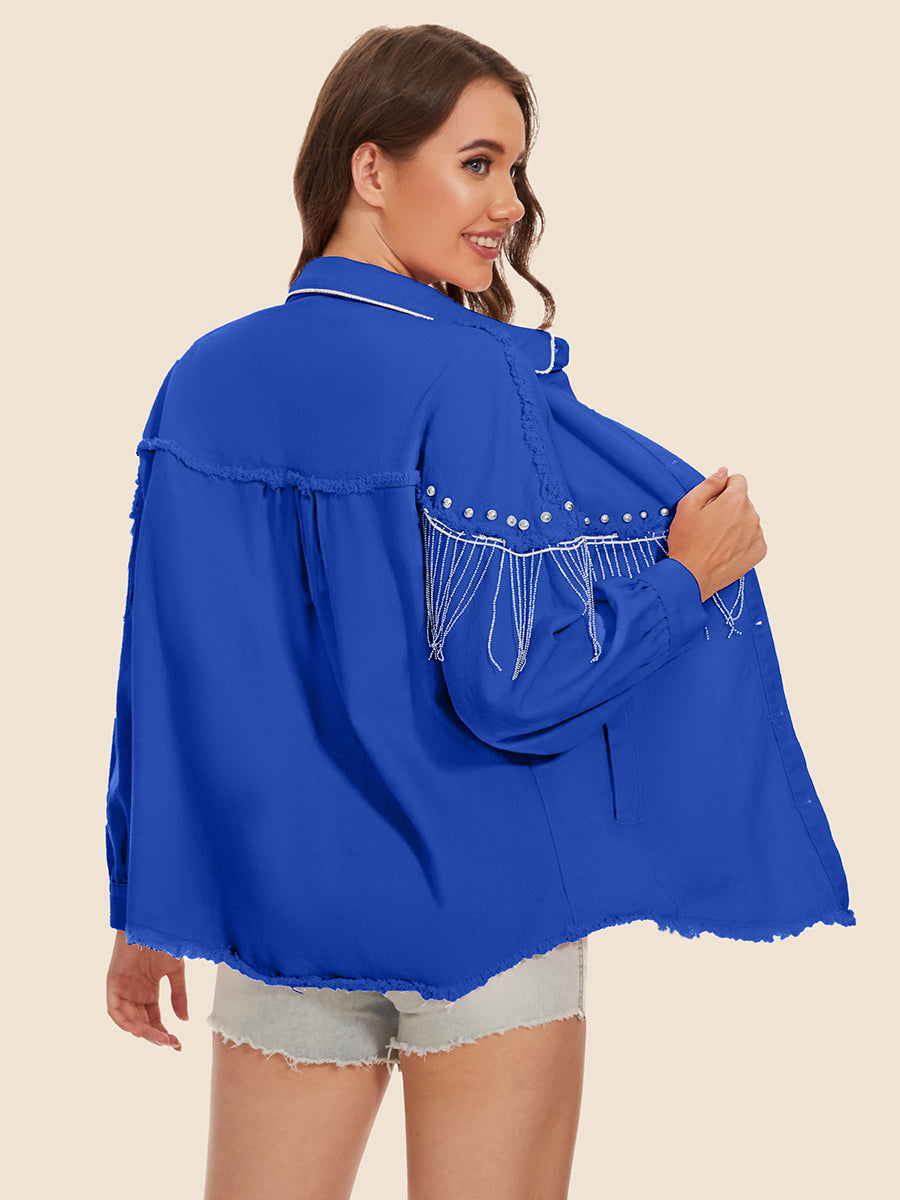 Raw Hem Fringe Detail Denim Jacket - Fashorio