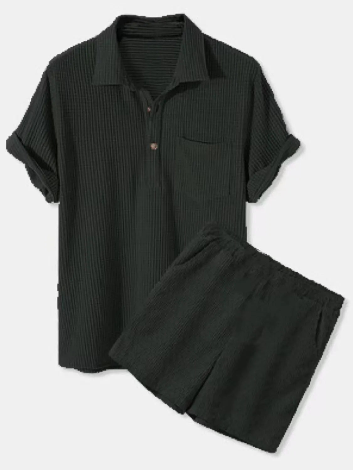 Men's Full Size Button Detail Short Sleeve Top and Shorts Set Plus Size Black - Fashorio