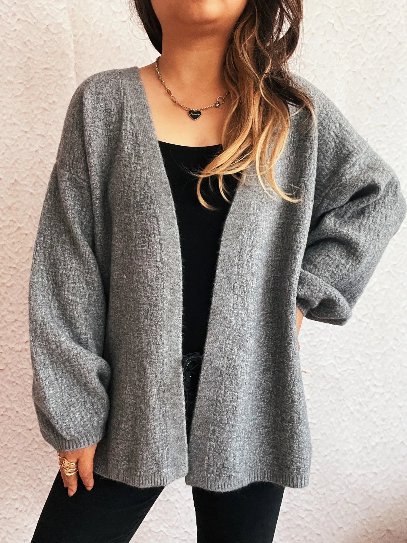 Open Front Long Sleeve Cardigan Grey One Size - Fashorio