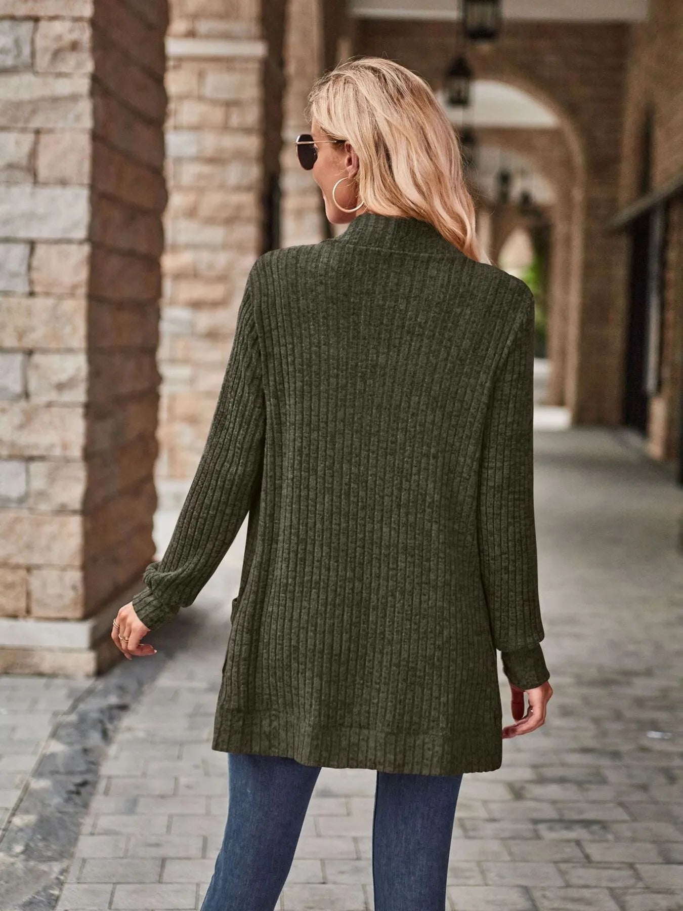 Ribbed Open Front Long Cardigan with Pockets - Fashorio