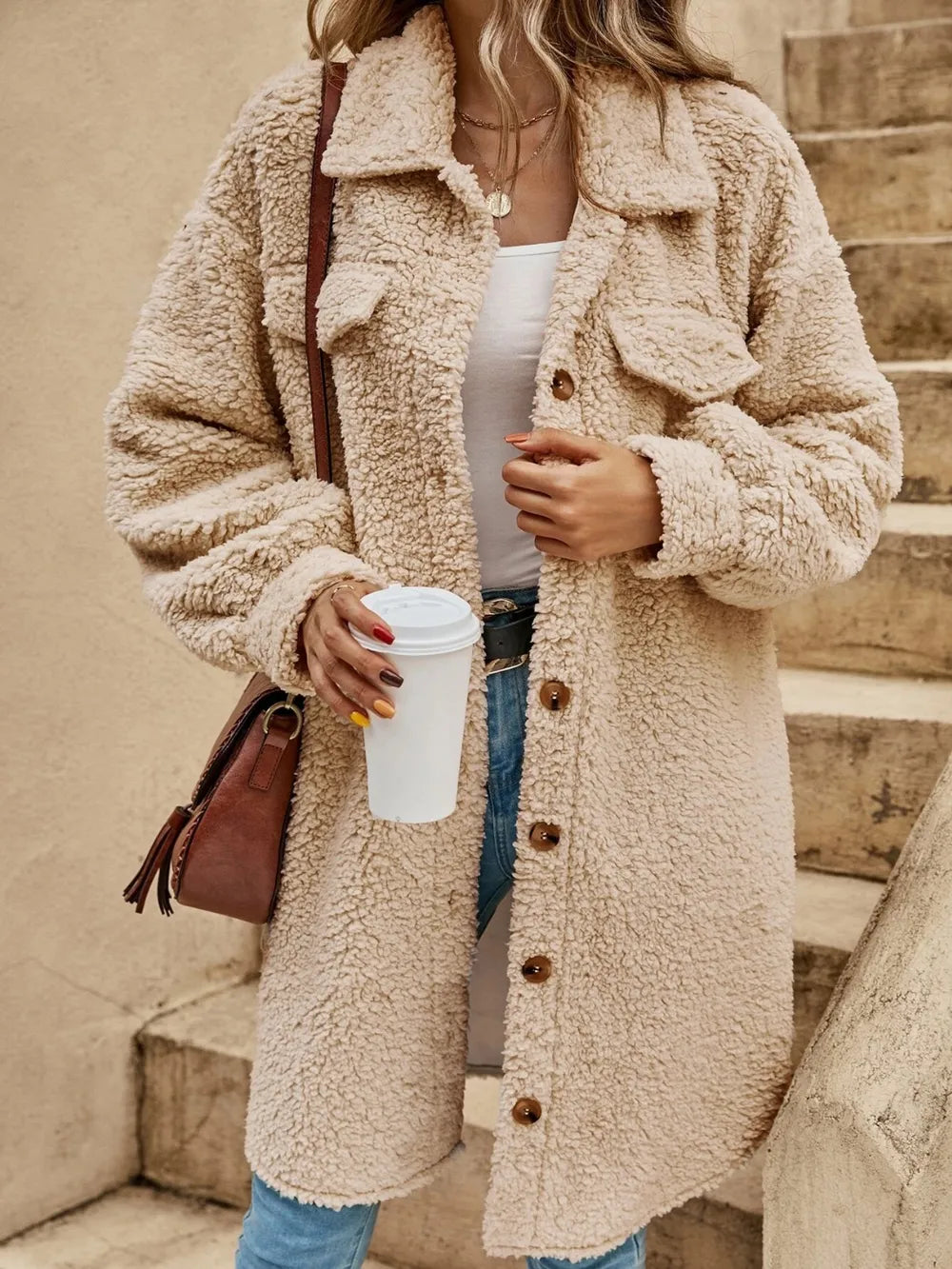 Collared Button Down Coat Tan - Fashorio