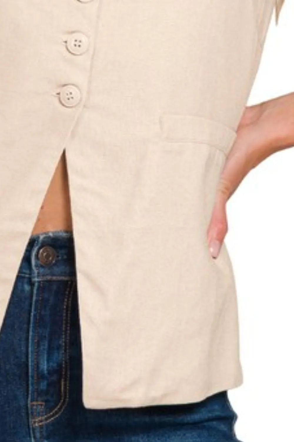 Zenana Linen Tie-back 4-button Vest with Lining - Fashorio