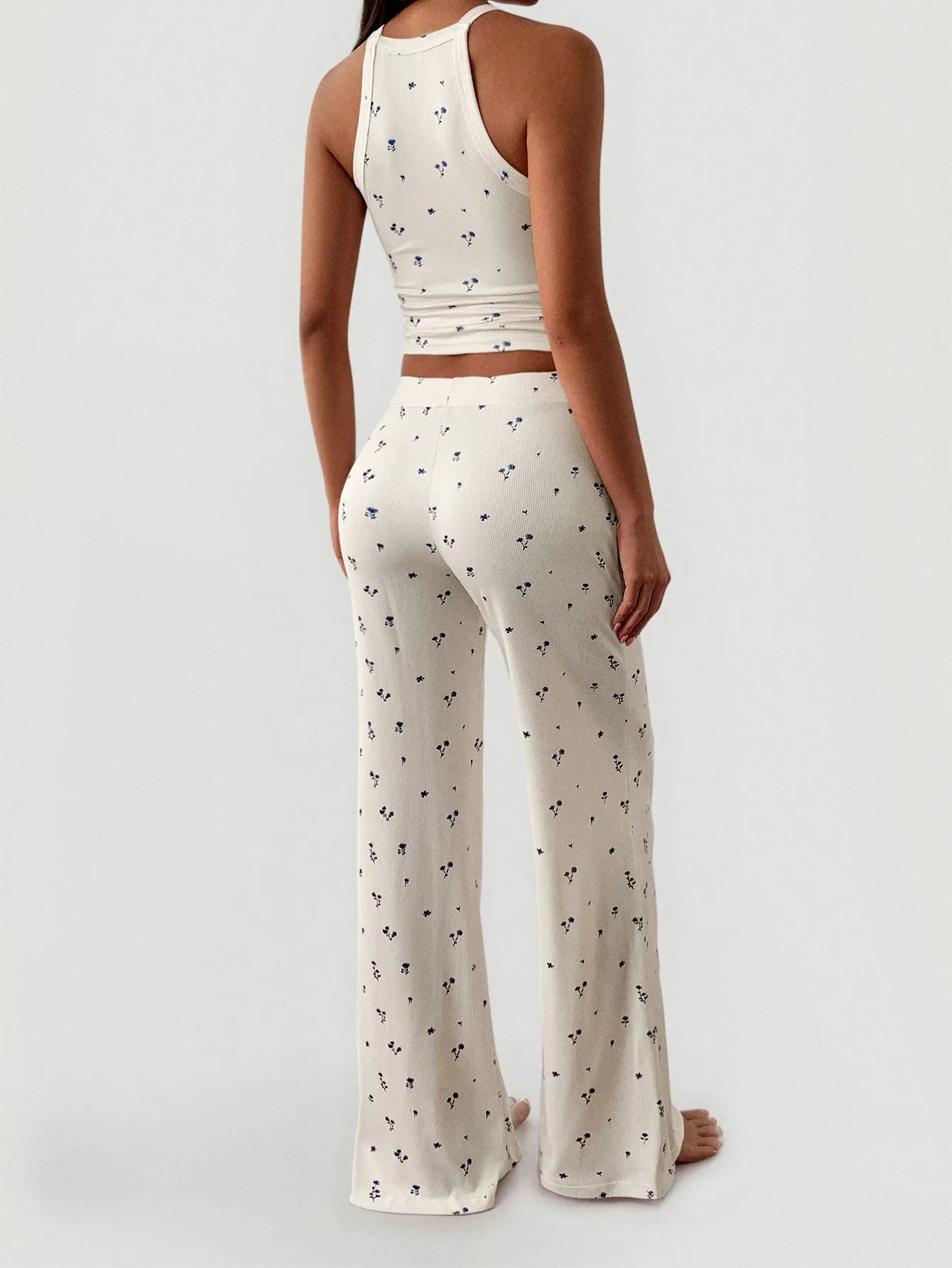 Floral Ribbed Cami and Wide Leg Pants Set - Fashorio